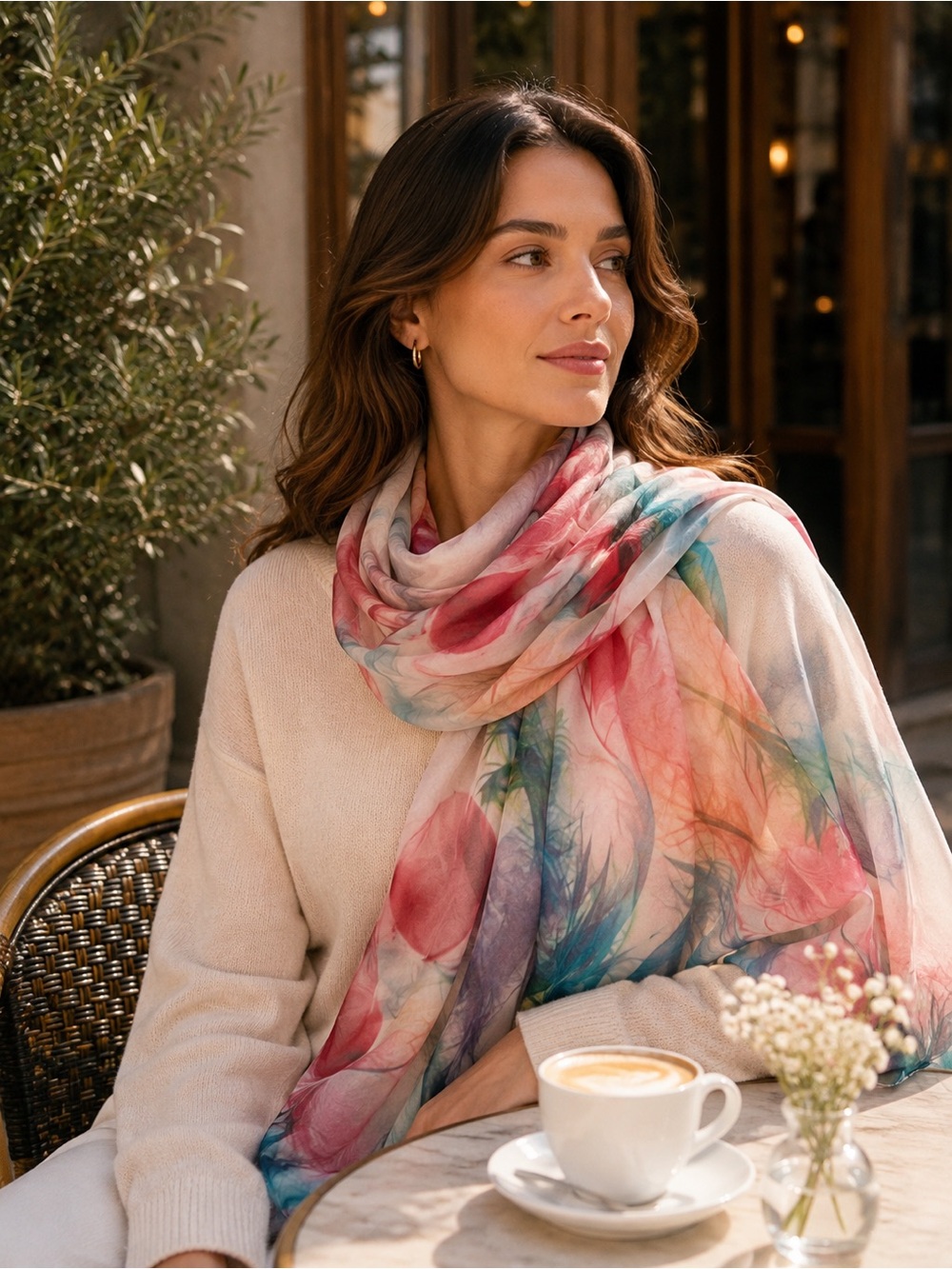 100% Silk Multicolor Floral Watercolor Wrap Scarf - Women Accessories